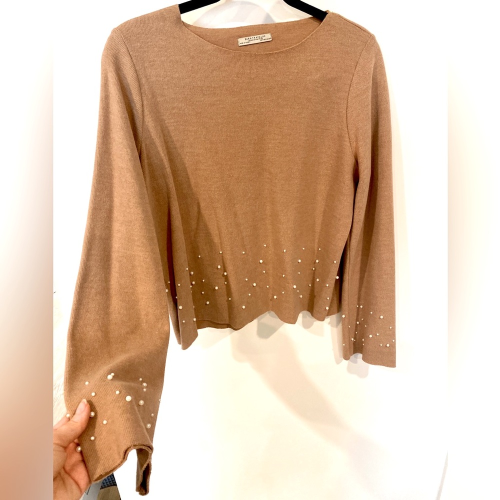 Zara camel pearl detail sweater size small